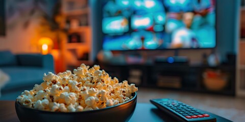 Relaxed home entertainment with popcorn during a sports game night - obrazy, fototapety, plakaty