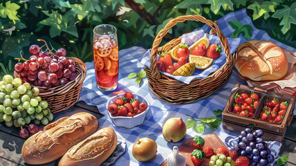 Picnic food and drinks on checkered blanket - 768910495