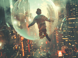 Character, floating orb, science fiction, manipulating gravity for flight and acrobatics in a futuristic cityscape, 3D render, spotlight, Lens Flare