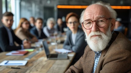 Portrait of a Senior Businessman with Colleagues in the Background - obrazy, fototapety, plakaty