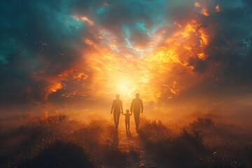 Dad, mom and little child walking towards the light of god. Family silhouette walking down a ethereal sunset or sunrise vibrant landscape. Christian family walking the path of righteousness. 