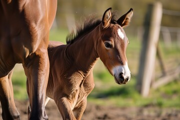 Obraz premium foal being nudged forward by a parent in caring guidance