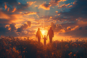 Father, mother and little child in the center. Family silhouette walking down a ethereal sunset or sunrise vibrant landscape. Christian family walking the path of righteousness.  - obrazy, fototapety, plakaty