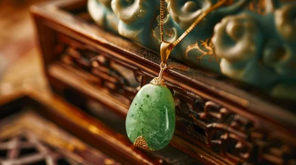 Poster Close-up of an exquisite jade necklace with a detailed golden clasp on an antique wooden treasure chest © road to millionaire