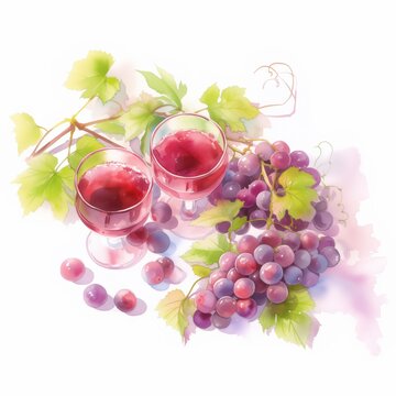 Watercolor illustration of red wine and bunches of grapes on white background.