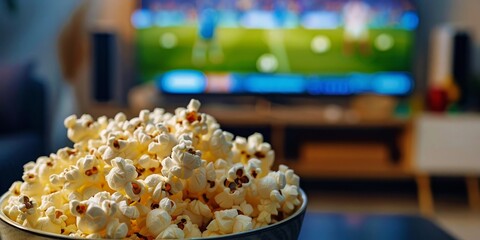 Fototapeta na wymiar Fresh bowl of popcorn on table during live soccer match