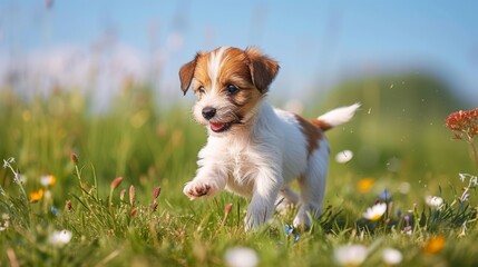 A cute puppy is running in a field of flowers