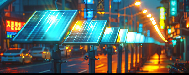 Solar panels, Solar-powered streetlights, Urban street lined with solar panels to power futuristic streetlights in a green city