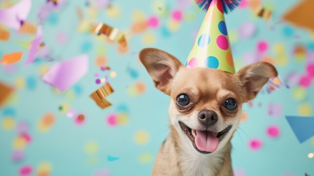 Happy cute dog wearing a party hat celebrating at a birthday party, surrounding by falling confetti, generative ai