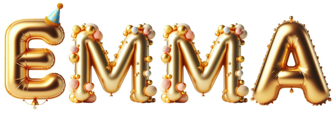 Emma Letters - Golden Balloon, 3D - Isolated on Transparent or White Background PNG - Best for Birthday Illustration Design