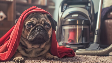 Adorable pug in red blanket with vacuum cleaners - obrazy, fototapety, plakaty