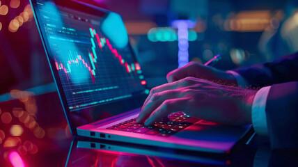 Futuristic Financial Data Analysis. Professional analyzing dynamic financial charts on a laptop, highlighted by neon lights. - obrazy, fototapety, plakaty