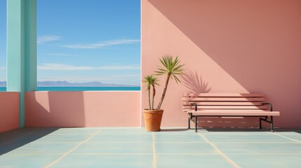Fototapeta premium Palm tree in front of pink wall with blue ocean view