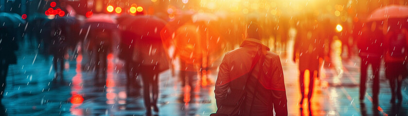 Undercover Agent, Briefcase, Incognito agent, Exchanging secret information in a crowded square, Rainy, Photography, Backlights, Lens Flare - obrazy, fototapety, plakaty