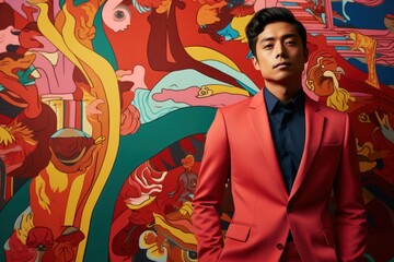 Fototapeta premium Man Standing in Front of Colorful Wall Generative AI