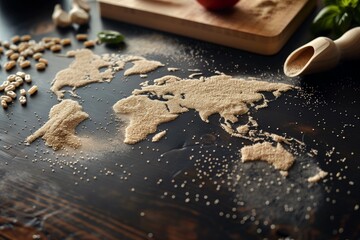 grains making world map on a dark kitchen surface - obrazy, fototapety, plakaty