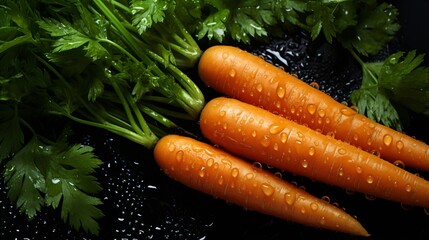 Fresh organic carrots with green leaves on a black background - obrazy, fototapety, plakaty