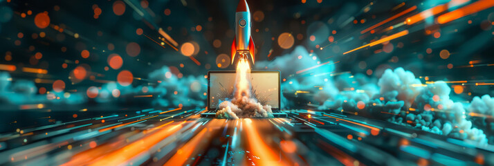 Cyber Launch: Rocket Escaping Digital Bounds. A rocket surges from a digital realm through a laptop screen, encapsulating the power of technology and the human spirit to conquer new frontiers.