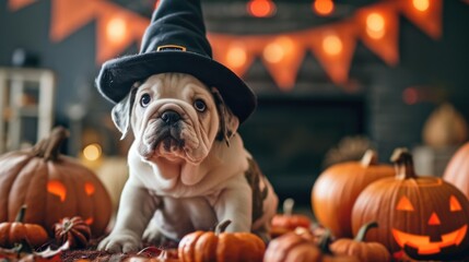 puppy of bulldog sitting in black witch hat , pumpkins around, Halloween decoration on background, free copy space on the left