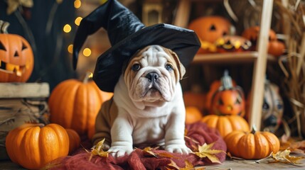 puppy of bulldog sitting in black witch hat , pumpkins around, Halloween decoration on background, free copy space on the left