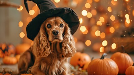 American spaniel sitting in black witch hat , pumpkins around, Halloween decoration on background