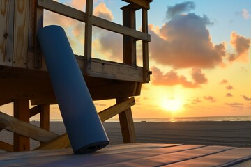 yoga mat propped against a wooden lifeguard tower, sunrise backdrop - obrazy, fototapety, plakaty
