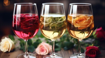 Naklejka premium Three glasses of wine with roses inside them sit on a wooden table.