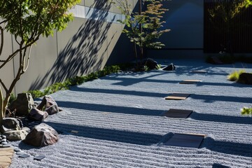 sunlight casting shadows over zen garden with raked lines