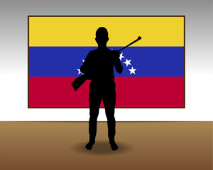 Man holding a gun in front of Venezuela flag, fight or war idea