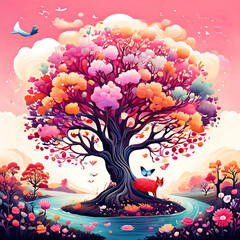 Whimsical illustration of a Dreamy floating tree, rich background, whimsical animals, flowers, and landscapes. Enchanting, nostalgic, bold colors. Folklore