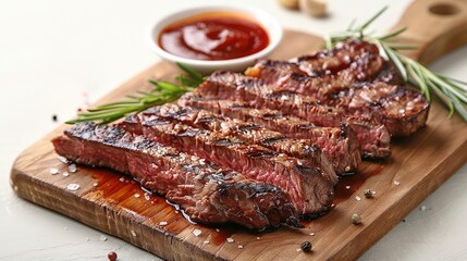 Sliced flank steak cooked medium on a charcoal grill on a light background. Top view