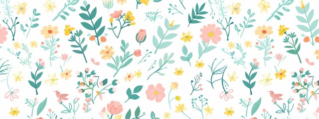 Colorful spring floral pattern background vector illustration in the style of pastel colors, white background Generative AI