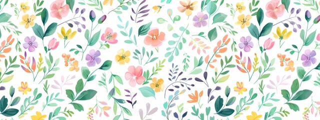 Colorful pastel cute tiny spring flowers and leaves pattern, white background, cute pastel colors Generative AI - obrazy, fototapety, plakaty