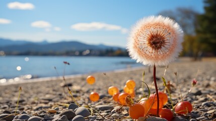 Close-up of dandelion flower with blurred background of lake and mountains - obrazy, fototapety, plakaty