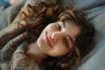 Naklejka premium Woman with casual clothes is relaxing sitting and sleeping on a sofa in a living room in safezone comfortable area. Generative AI.