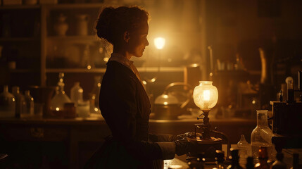 Marie Curie, Nobel Prize, groundbreaking scientist, in her laboratory, under the glow of flickering candlelight, silhouette lighting, realistic - obrazy, fototapety, plakaty