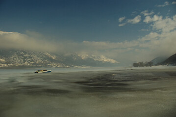 Winter view of the frozen Lake Matese, Campania, Italy