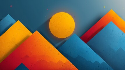 A bold graphic representation of the sun over multi-colored geometric mountain peaks with textured detail..