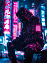 Cyberpunk Hacker, Hoodie, Neon Glow, Unearthing Digital Memories, Futuristic Photography, Silhouette lighting, Chromatic Aberration