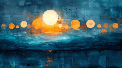 Artistic representation of lunar phases aligned above textured ocean waves in blue and orange hues..