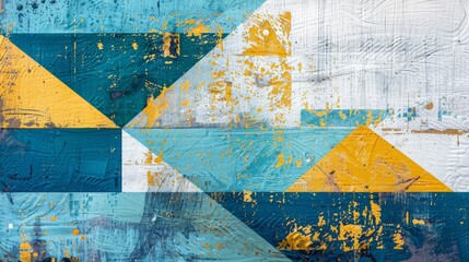 A dynamic mural featuring geometric patterns in shades of blue and yellow with a textured finish..