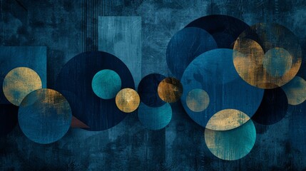 Elegant overlapping circles in shades of blue and gold on a deeply textured, dark background..