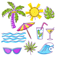 Set of summer items. Stylized beach objects. - 768914013