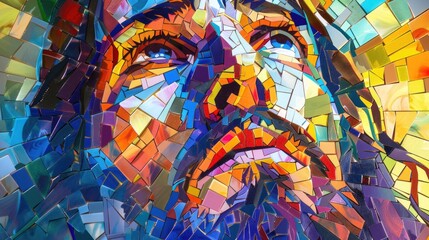 Jesus face in a mosaic of peace, love, and compassion, with vibrant, fragmented hues, Scene illustration , Realistic painting