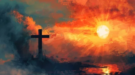 Fotobehang Sunrise scene with a quote on faith from Jesus, uplifting and serene, Scene illustration , Religious Art © Pungu x