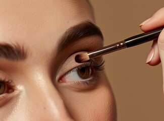 closeup eye with closed eyelids, woman is applying eyeshadow using brush on her eyelid in beauty studio, beige background, high detail, soft shadows, clean sharp focus, professional color grade