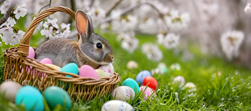 Cute rabbit, colorful painted easter eggs and a basket on the grasses. Concept of happy easter day.