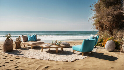 a cozy outdoor lounge area set up on the beach with furniture, decor, and a view of the ocean