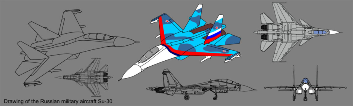 Vector drawing of a russian military aircraft su.
General view of a war plane fighter bomber.
Top, side, front views. Cad scheme.
Model, contour, sketch.