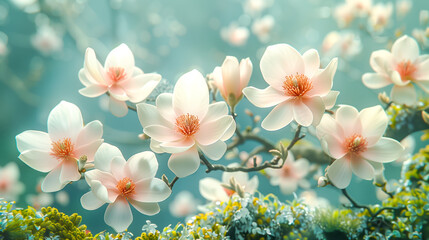 Fototapeta na wymiar Beautiful blooming magnolias against a soft-focus background, would make appealing visual for wellness retreats, spa promotions, tranquility, renewal, and the beauty of springtime transformation